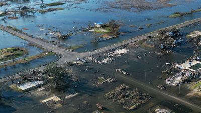 Aerial Nighborhood Devastated By Floodwaters 