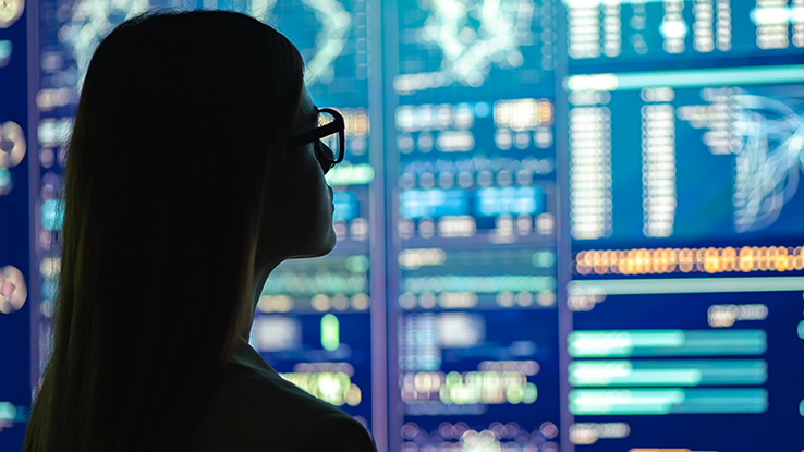 Woman looking at computer screens