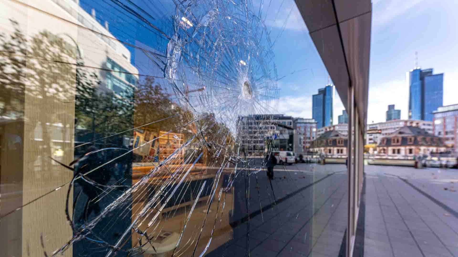 Shattered Shop Window On City Street 
