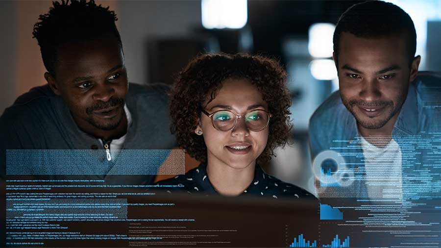 coworkers checking data