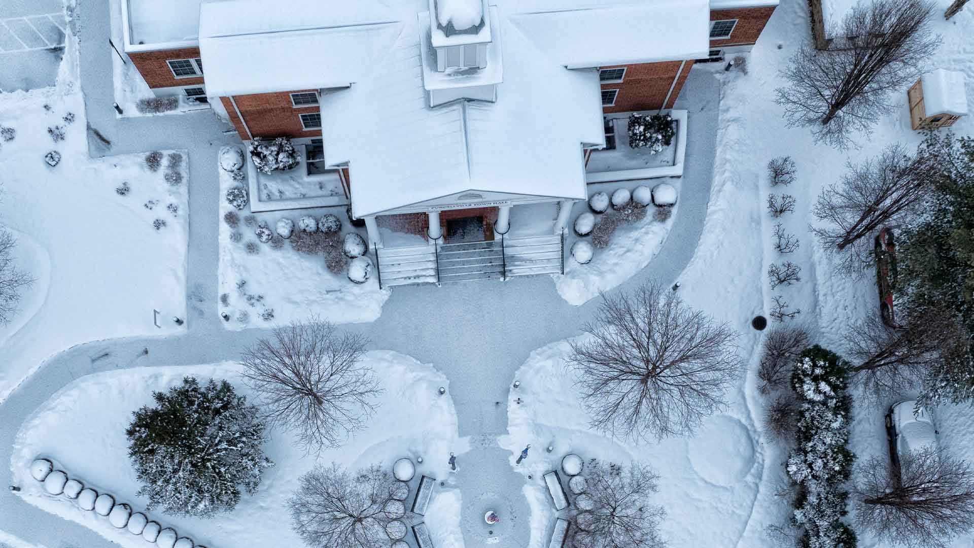 Overview House Driveway Covered In Snow 