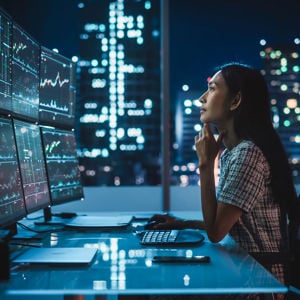 Office Worker Looking At Data In The Evening 