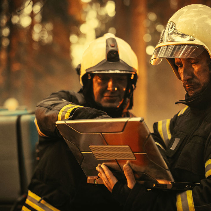 Firefighters Using Tablet In The Field 