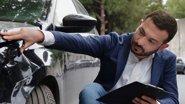 Adjuster Reviewing Damage To Car Fender 